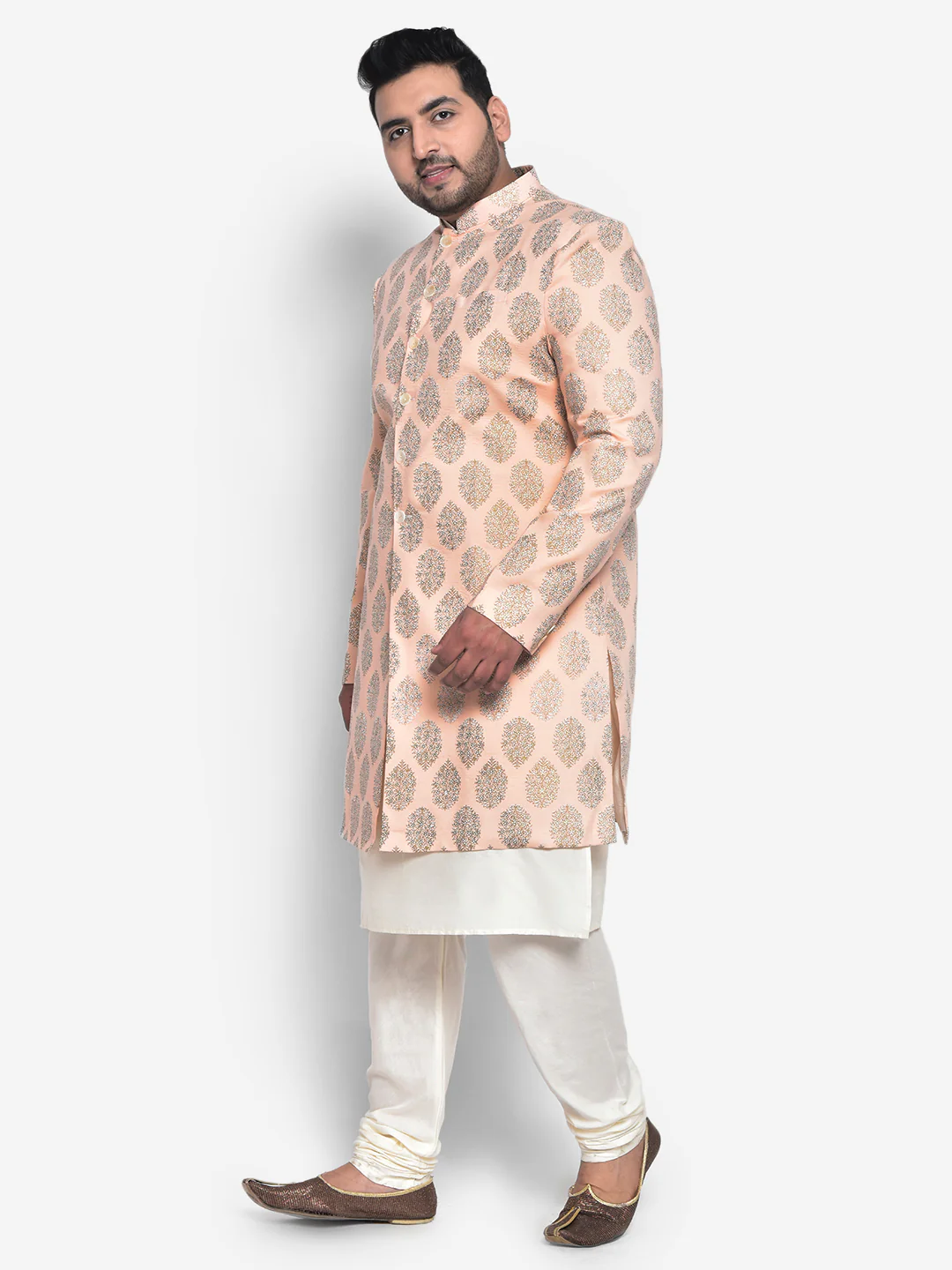 Men Peach Kurta Sherwani Churidar Set - Image 3