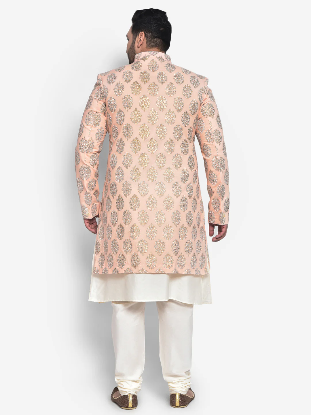 Men Peach Kurta Sherwani Churidar Set - Image 4