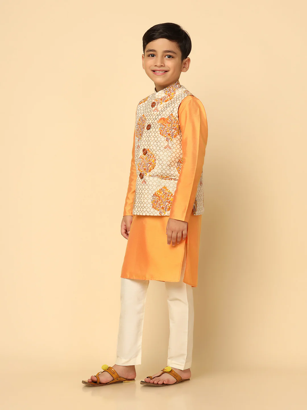 Boys Yellow Kurta Jacket Pyjama Sets - Image 2