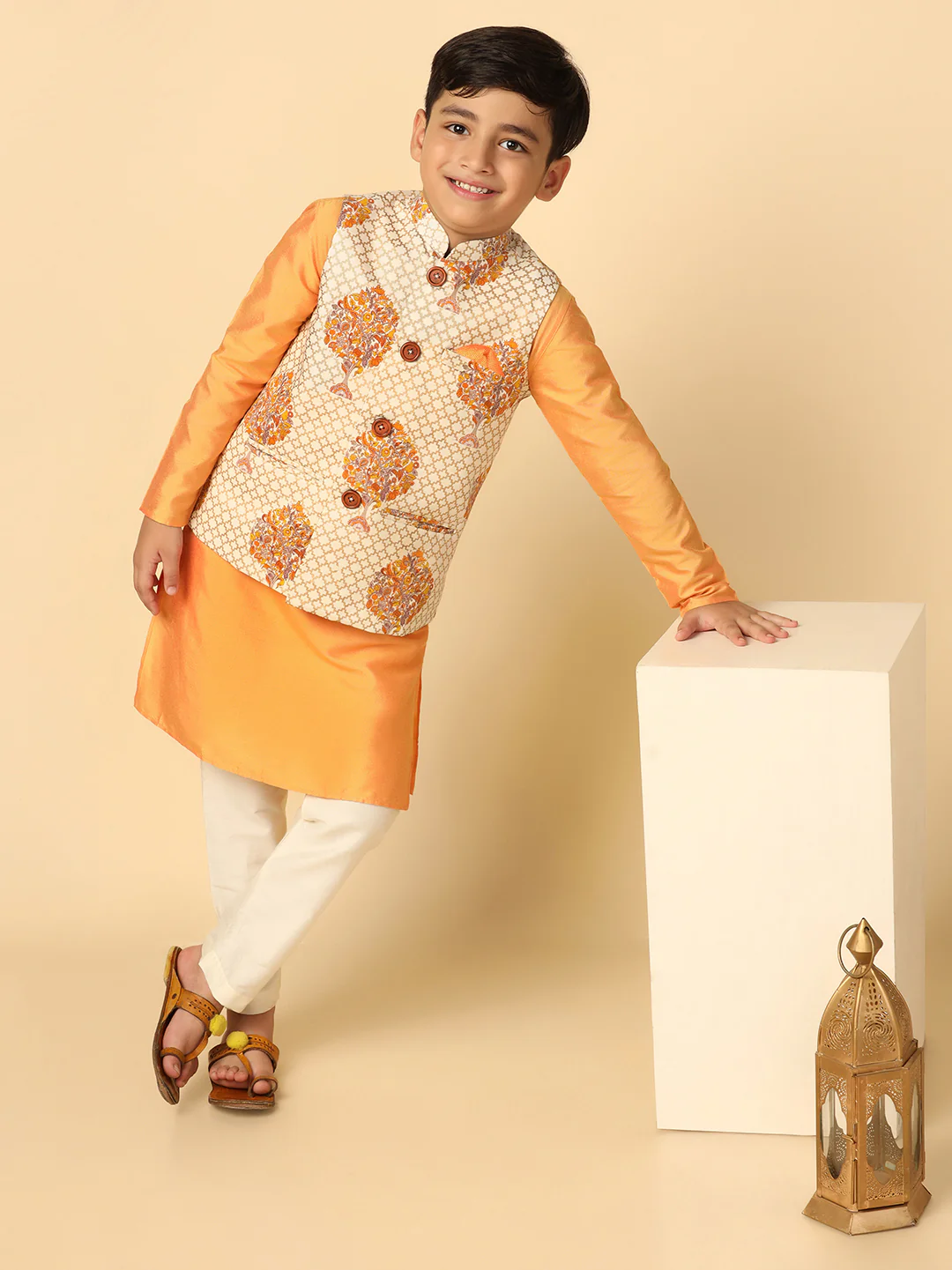 Boys Yellow Kurta Jacket Pyjama Sets - Image 7