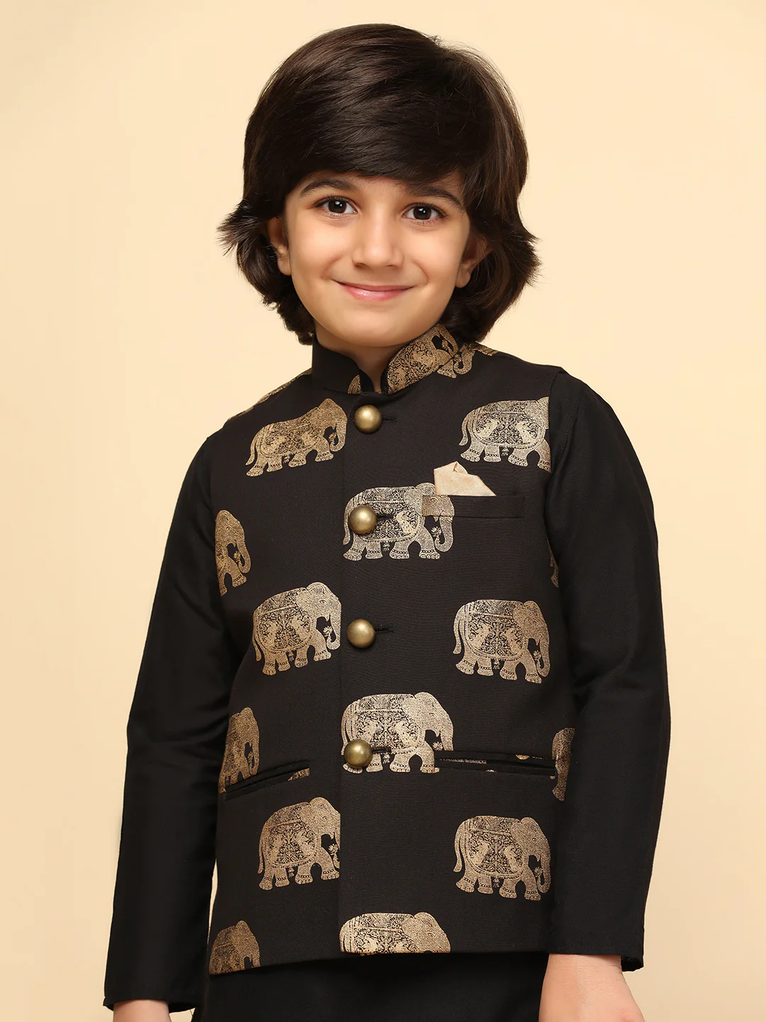 Boys Black Kurta Jacket Pyjama Sets - Image 5
