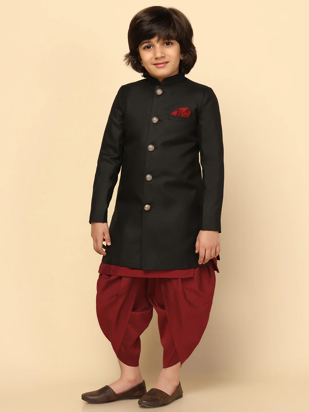 Boy's Black Indowestern Set With Kurta and Dhoti - Image 3