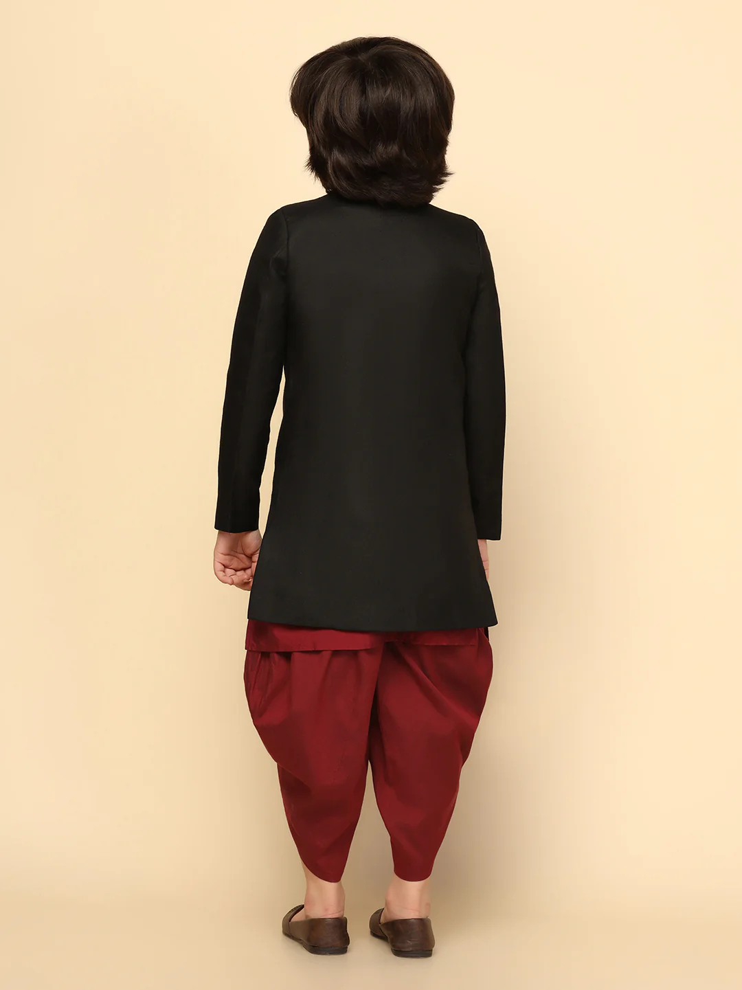 Boy's Black Indowestern Set With Kurta and Dhoti - Image 4