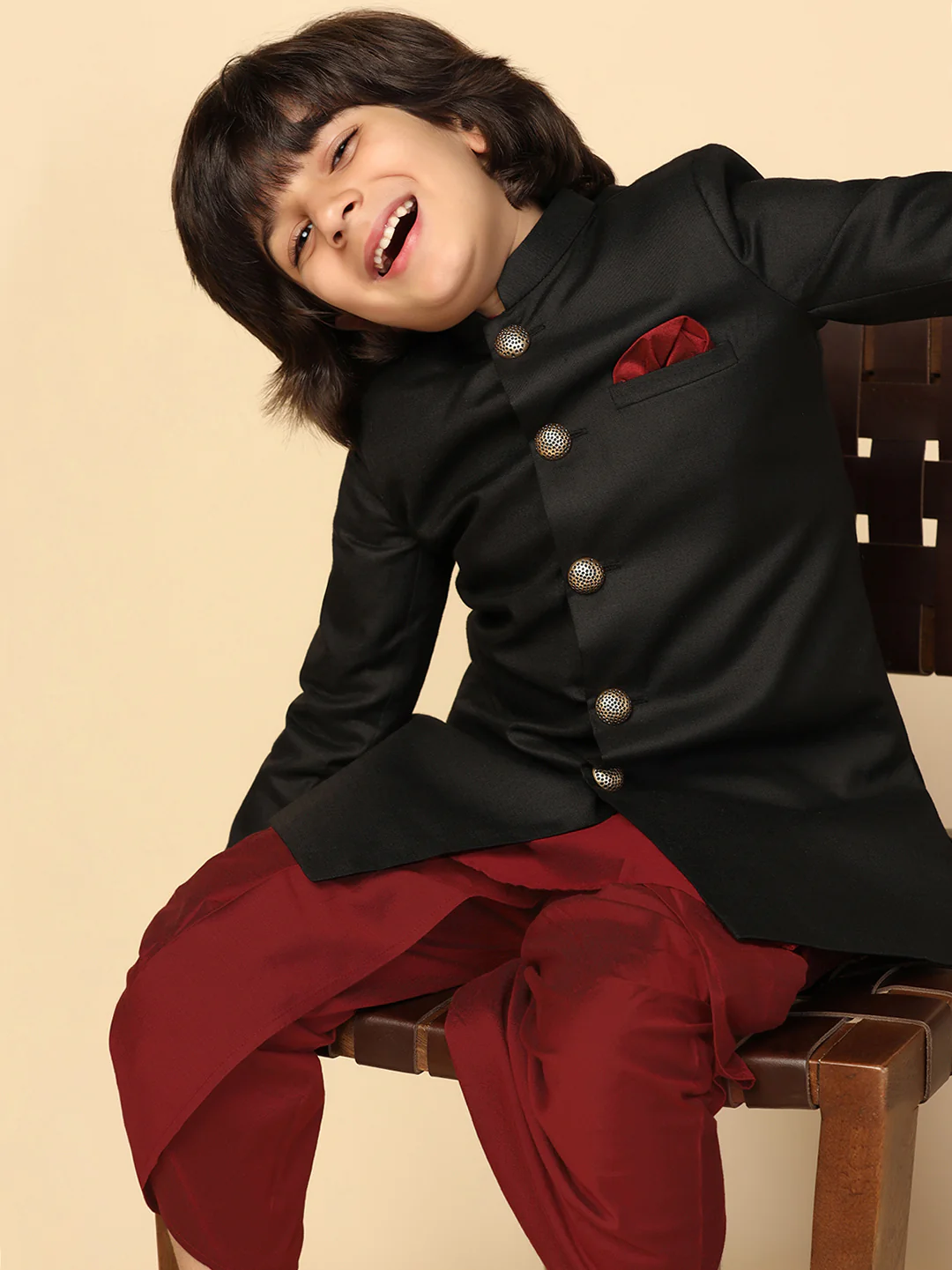 Boy's Black Indowestern Set With Kurta and Dhoti - Image 8