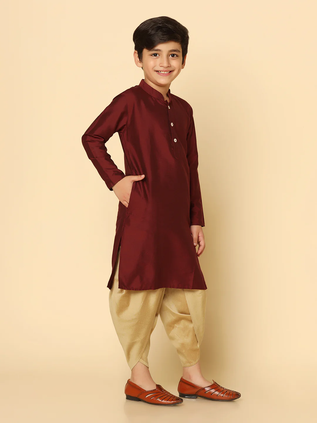 Boy's Maroon Kurta Dhoti Set - Image 3
