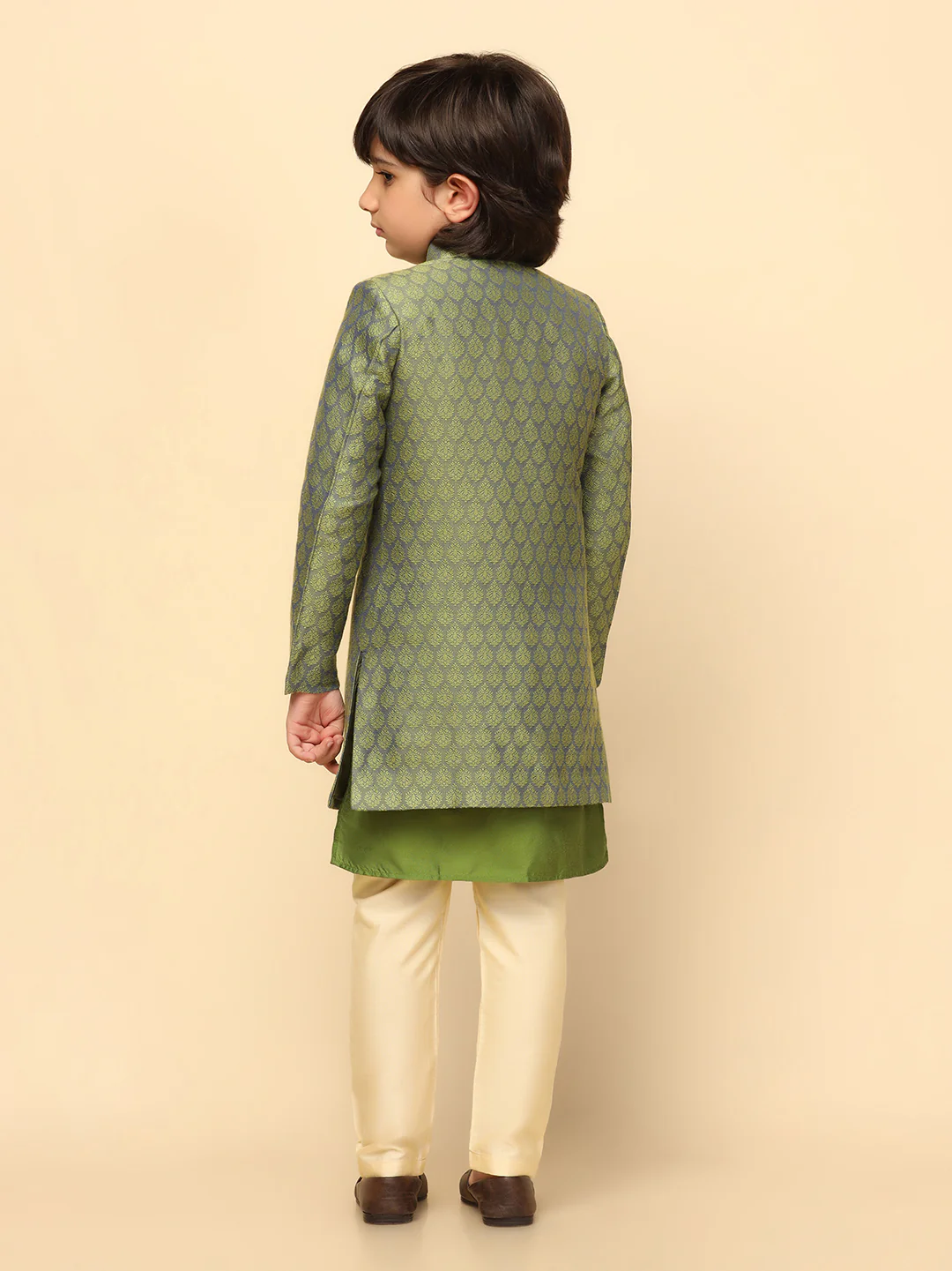 Boy's Green Textured Kurta Indowestern Churidar Set - Image 4