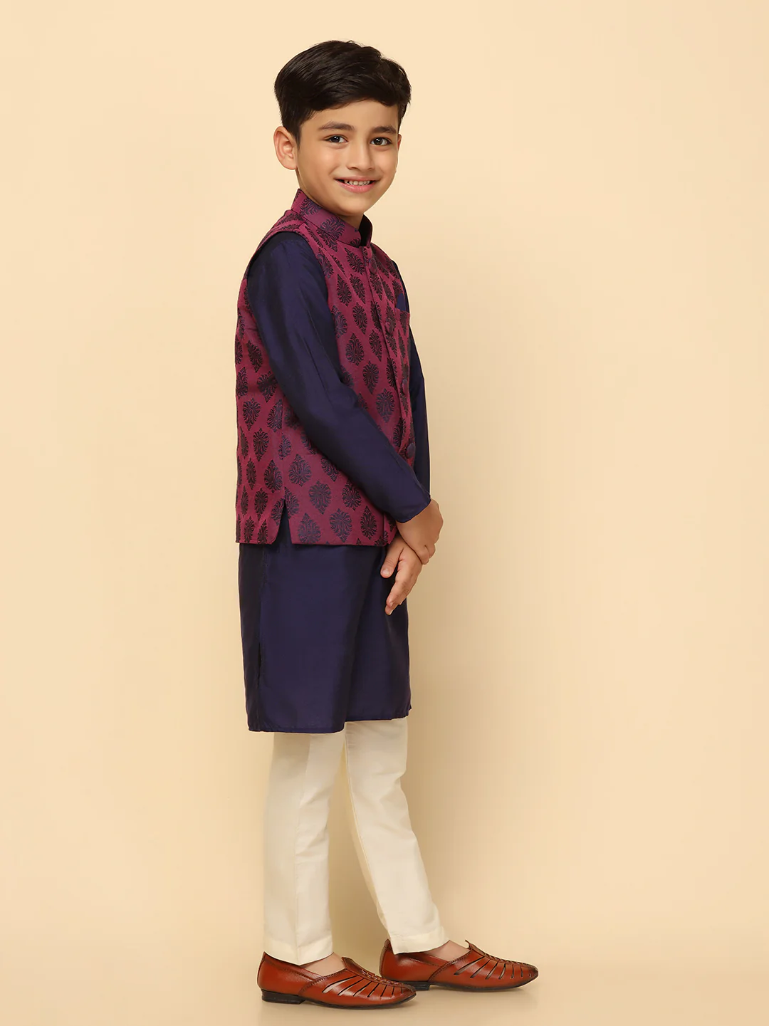 Boys Purple Kurta Jacket Pyjama Sets - Image 2