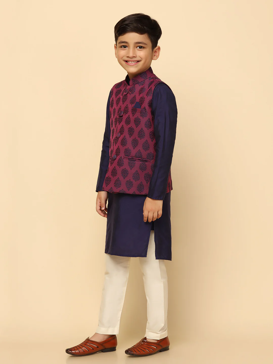 Boys Purple Kurta Jacket Pyjama Sets - Image 3