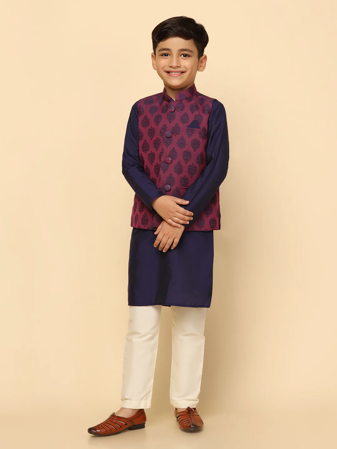 Boys Purple Kurta Jacket Pyjama Sets - Image 8