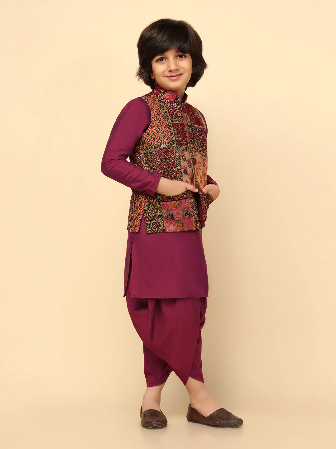 Boys Multi-Color Kurta Jacket Dhoti Sets - Image 2