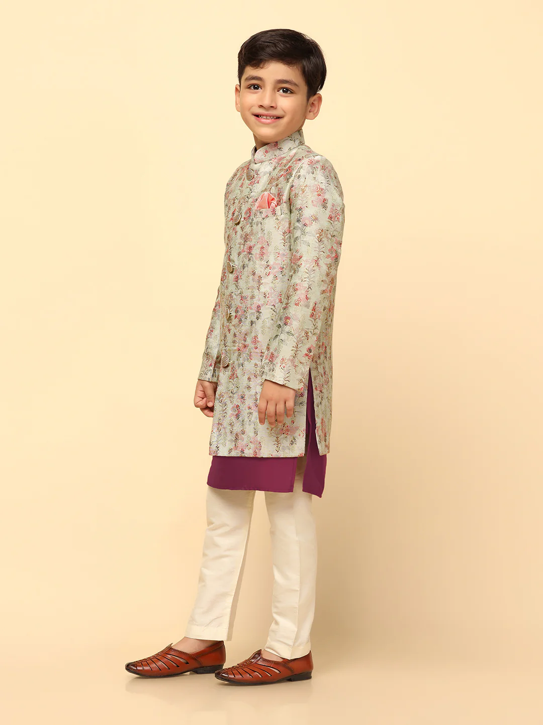 Boy's Multi Coloured Printed Kurta Indowestern Churidar Set - Image 3