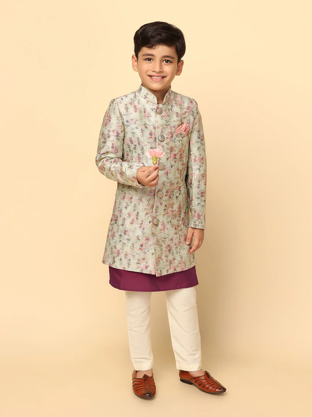 Boy's Multi Coloured Printed Kurta Indowestern Churidar Set - Image 8