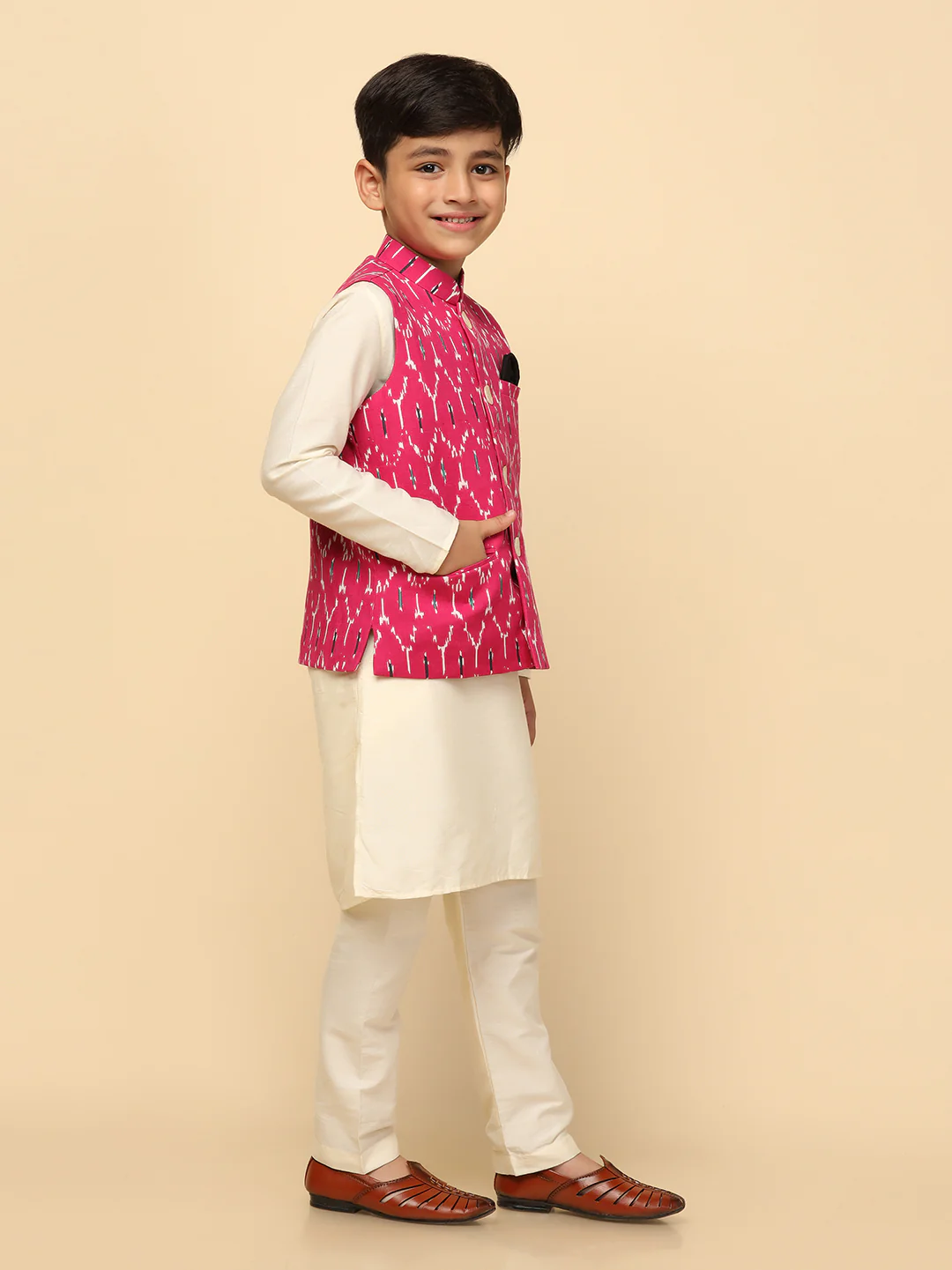 Boys Pink Kurta Jacket Pyjama Sets - Image 2