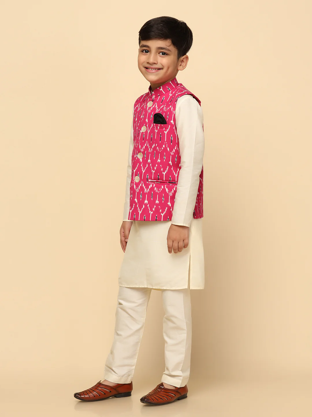 Boys Pink Kurta Jacket Pyjama Sets - Image 3