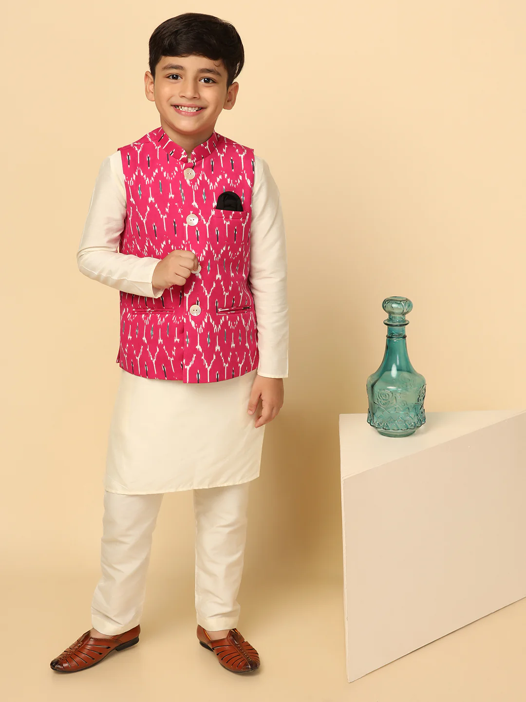 Boys Pink Kurta Jacket Pyjama Sets - Image 8