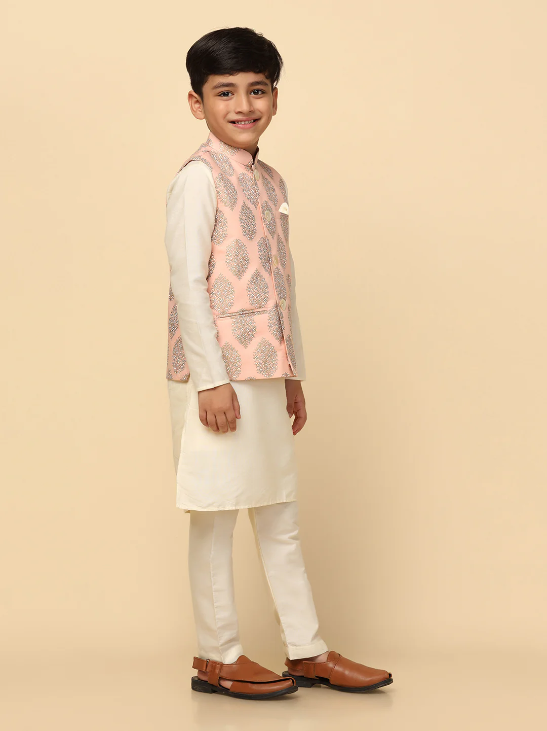 Boys Peach Kurta Jacket Pyjama Sets - Image 2