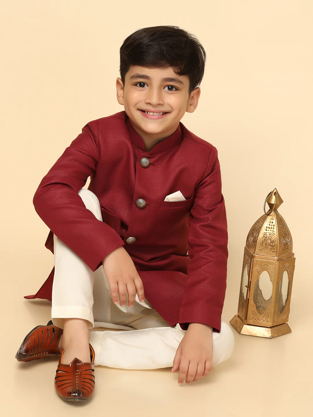 Boy's Maroon Indowestern Set With Kurta and Churidar - Image 8