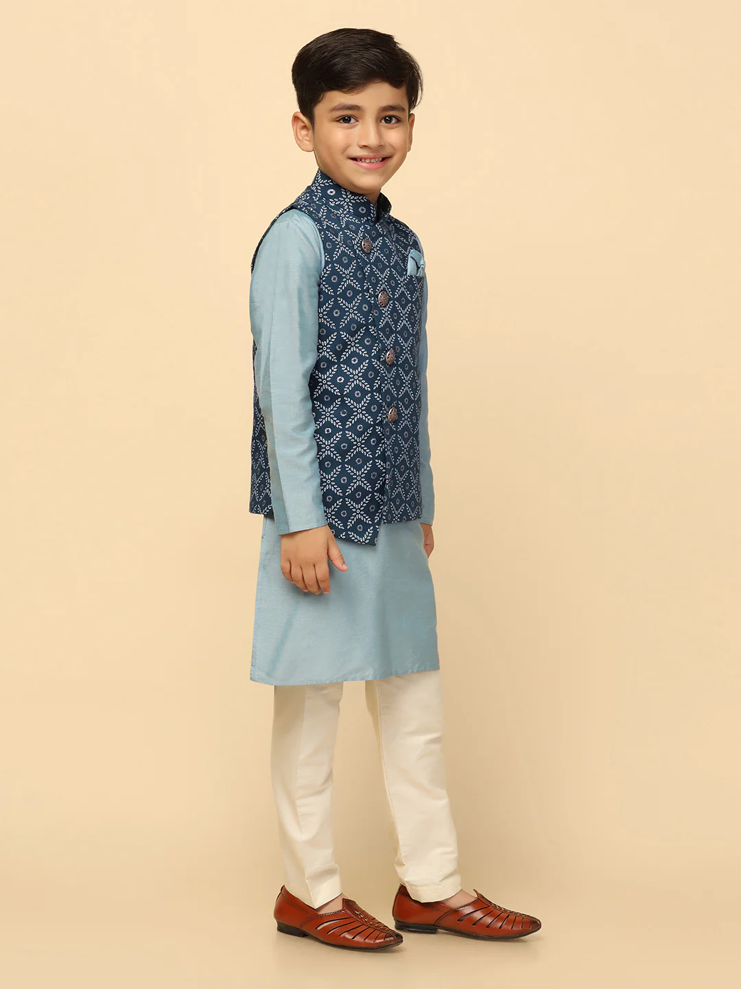 Boys Blue Kurta Jacket Pyjama Sets - Image 2