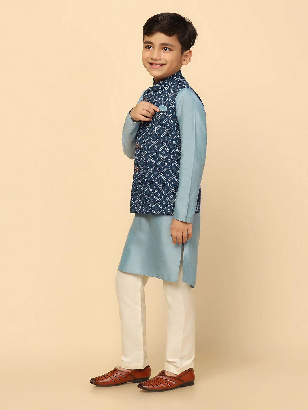 Boys Blue Kurta Jacket Pyjama Sets - Image 3