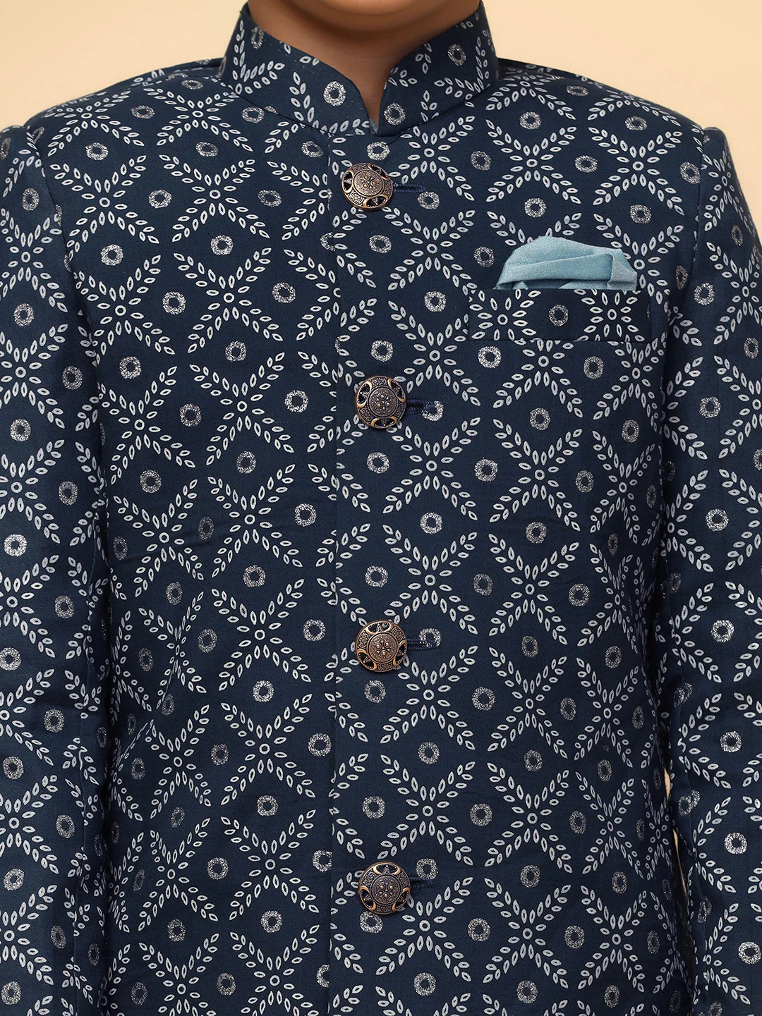 Boy's Blue Indowestern Set With Kurta and Churidar - Image 4