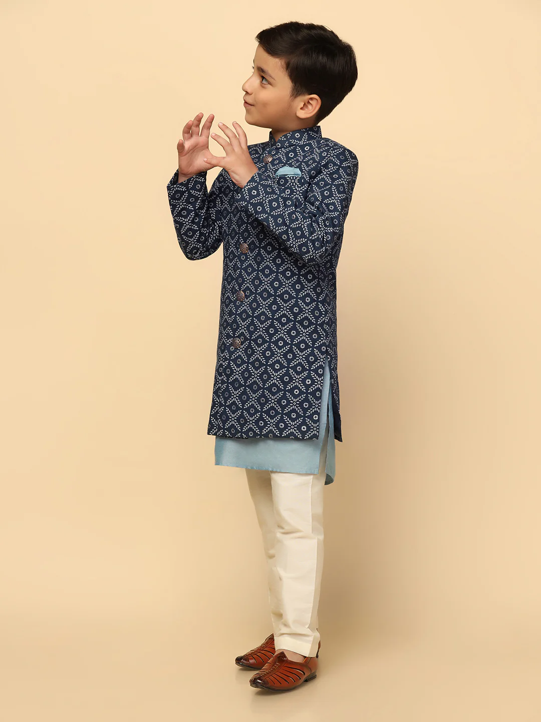 Boy's Blue Indowestern Set With Kurta and Churidar - Image 7