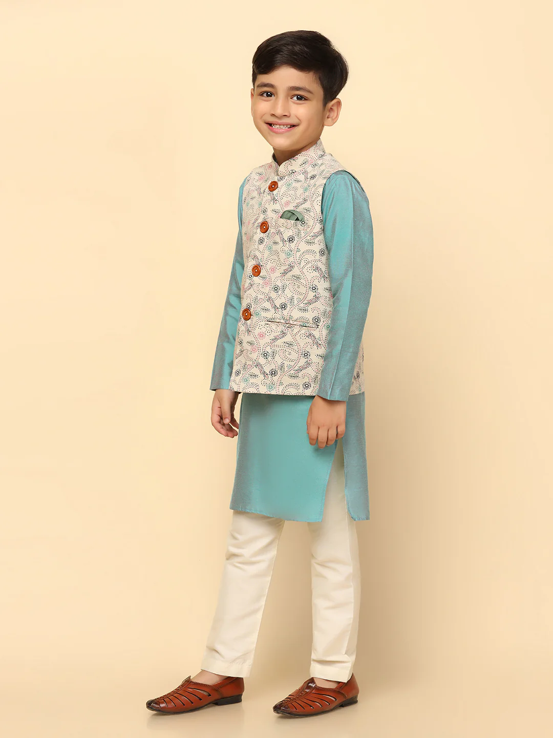 Boys Multi-Color Kurta Jacket Pyjama Sets - Image 2