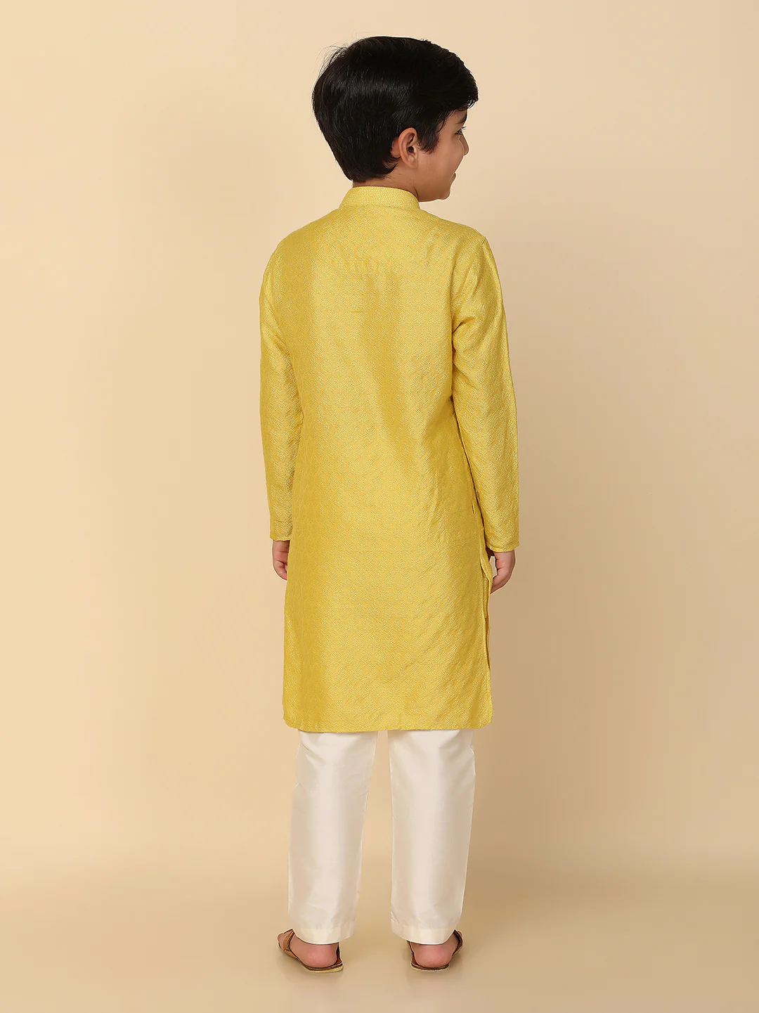 Boy's Yellow Solid Textured Kurta Churidar Set - Image 5
