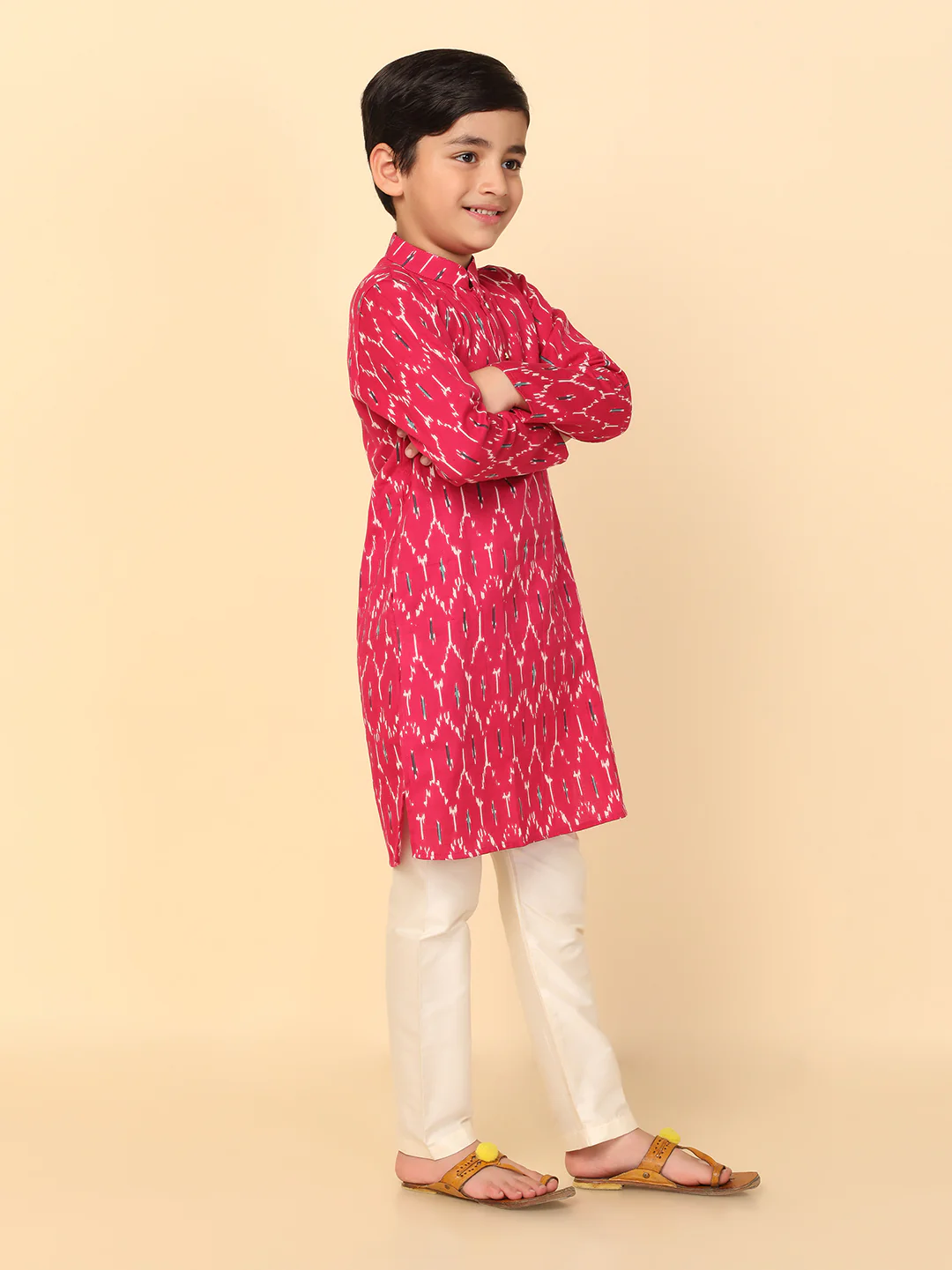 Boy's Pink Printed Kurta - Image 3