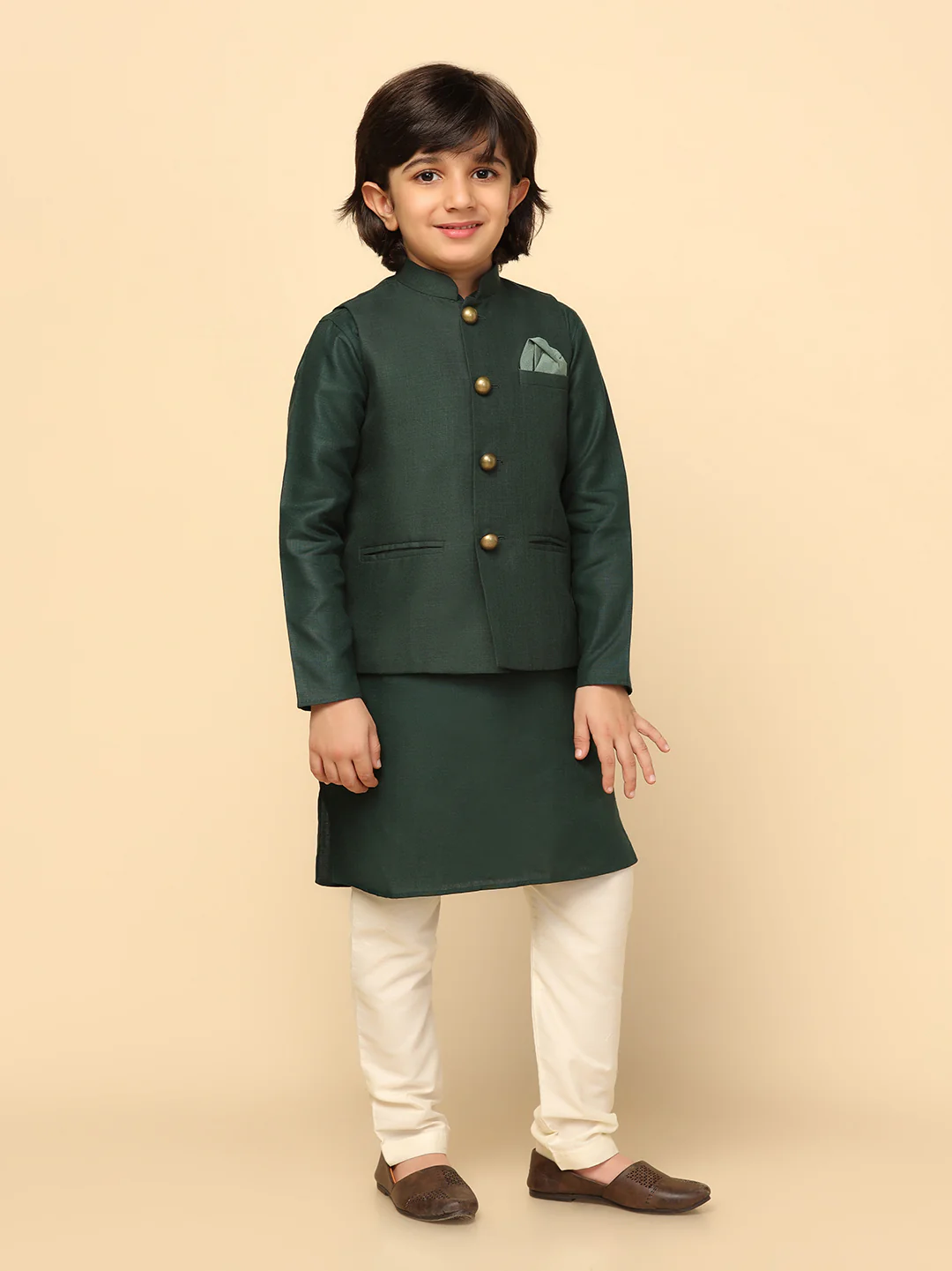Boy's Green Solid Kurta Jacket Churidar Set - Image 2
