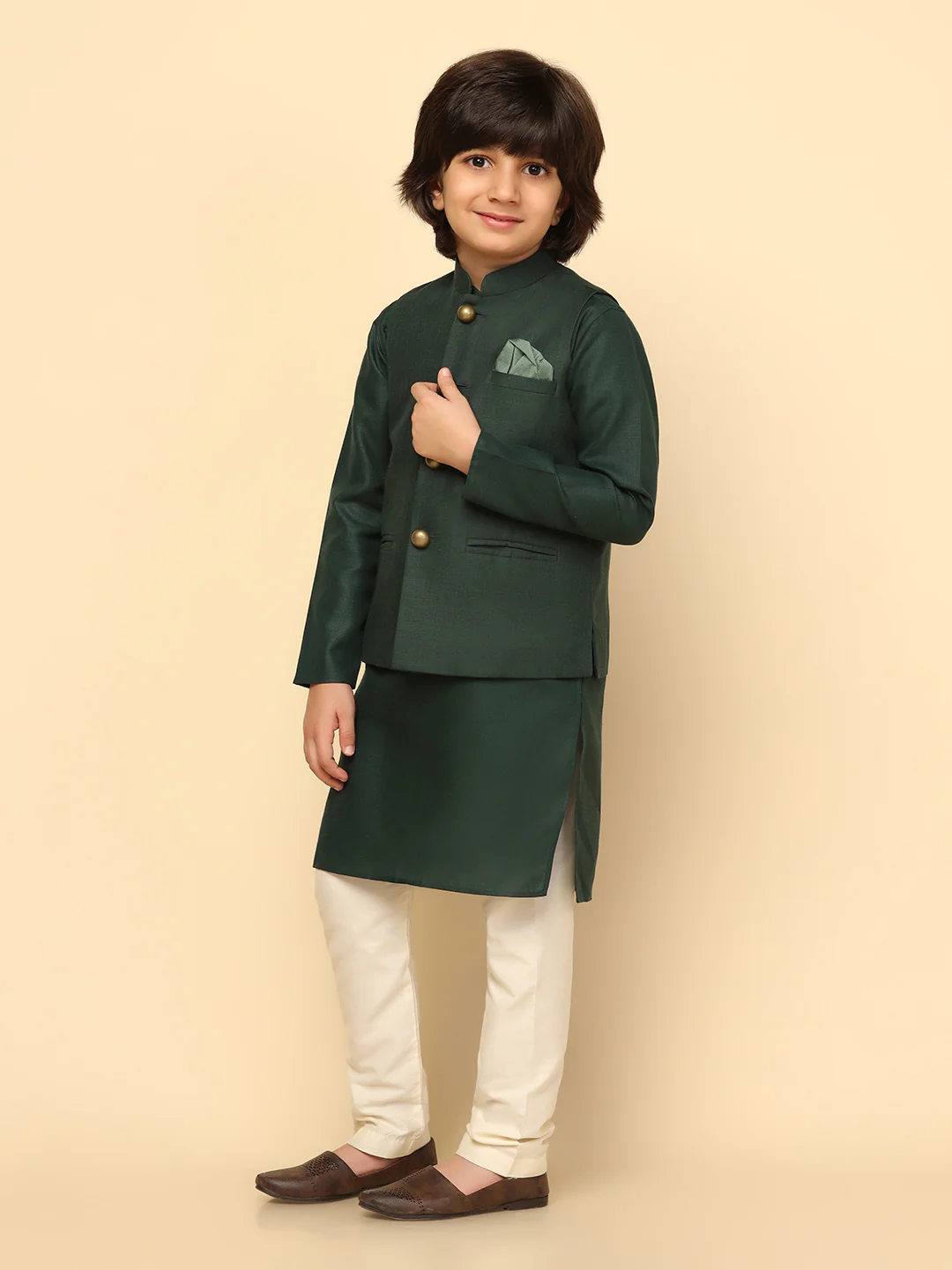 Boy's Green Solid Kurta Jacket Churidar Set - Image 3