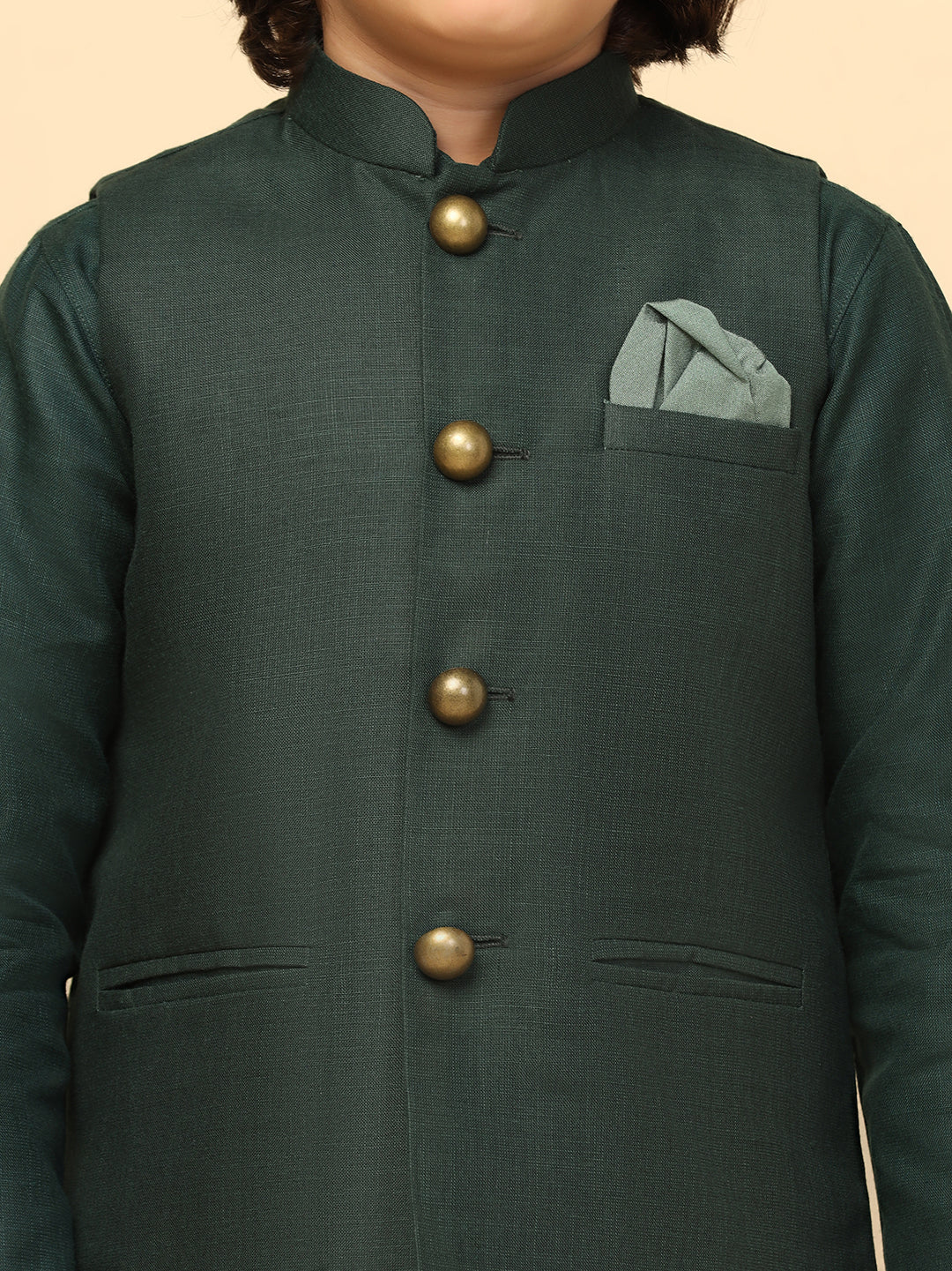 Boy's Green Solid Kurta Jacket Churidar Set - Image 5