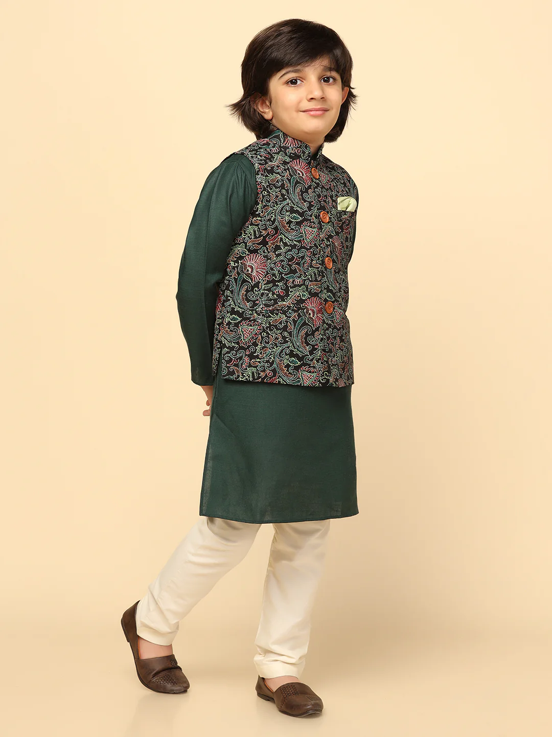 Boy's Black Printed Kurta Jacket Churidar - Image 2