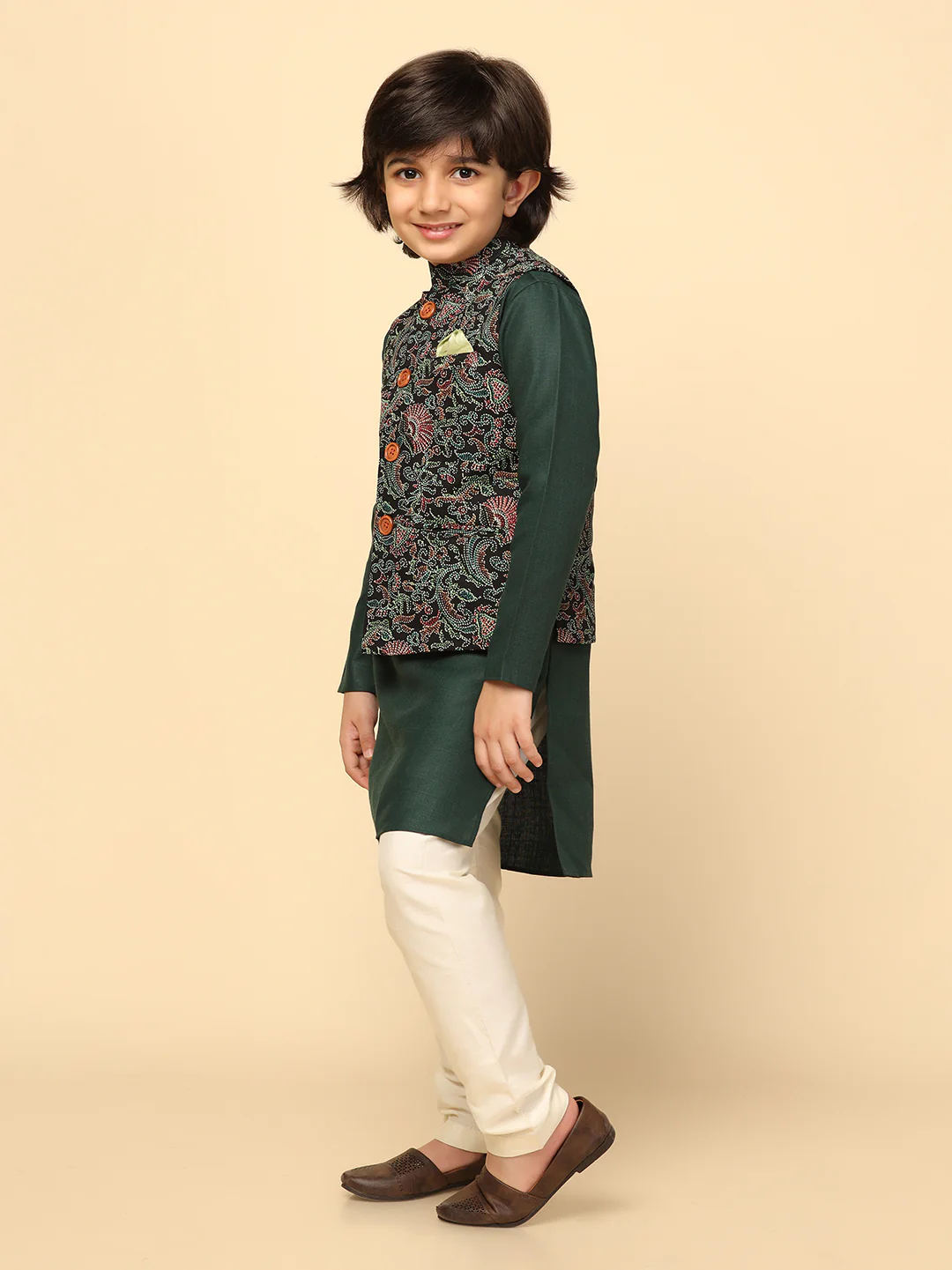Boy's Black Printed Kurta Jacket Churidar - Image 3