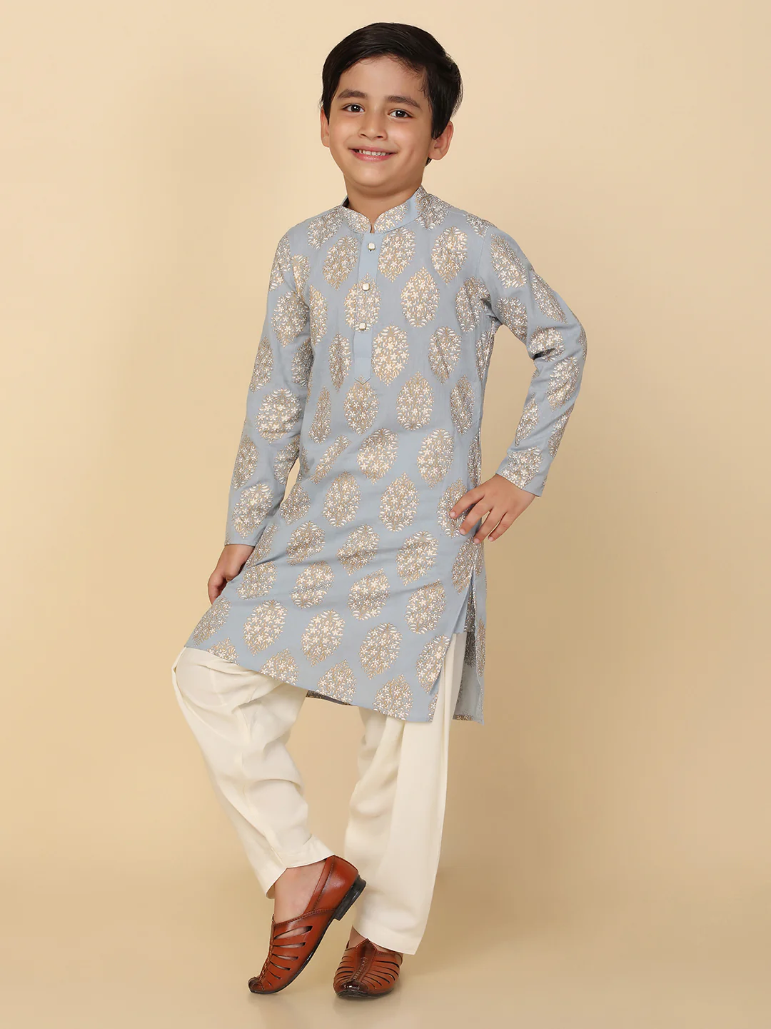 Boy's Blue Printed Kurta - Image 3