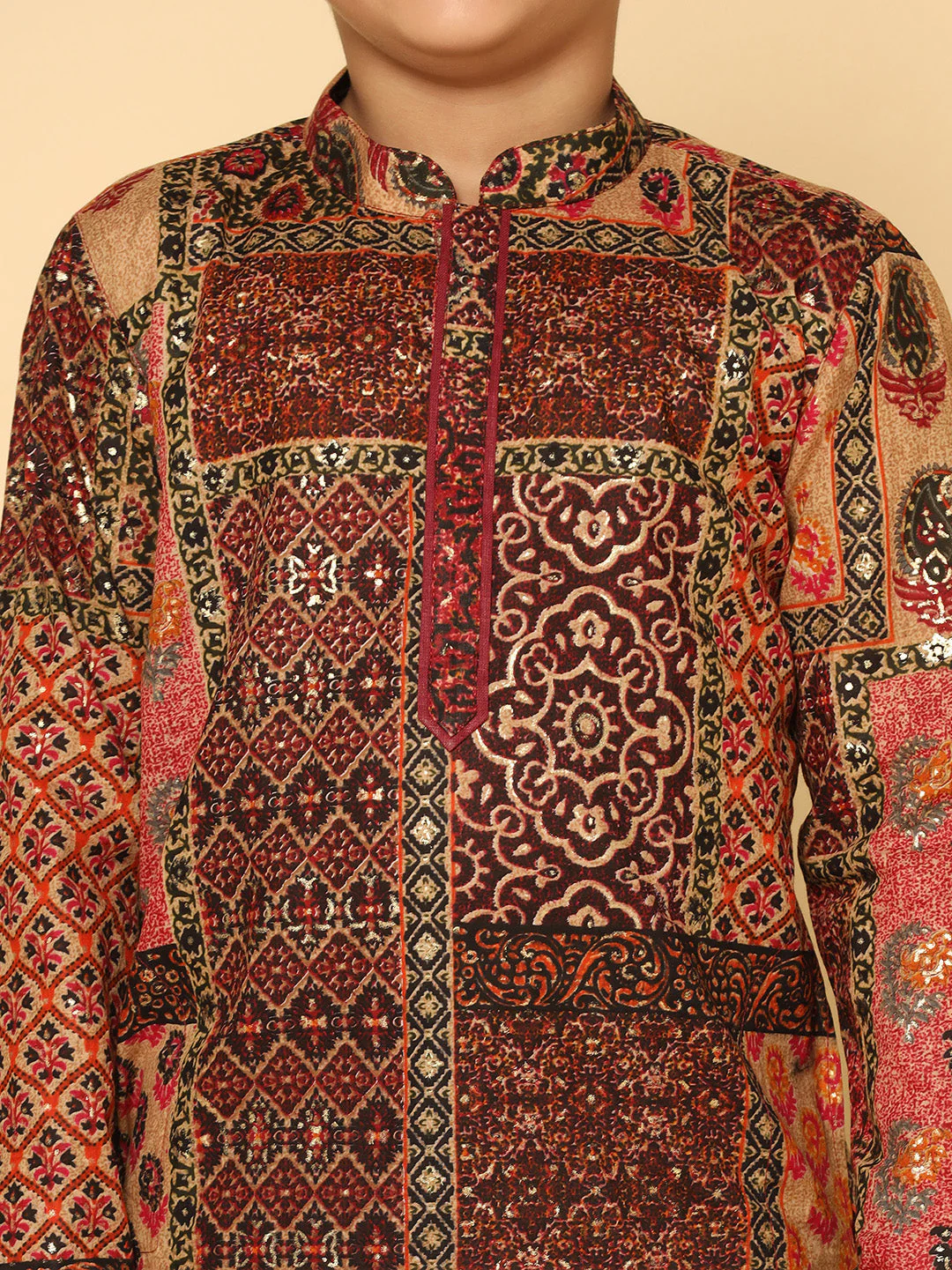 Boy's Maroon Printed Kurta - Image 5