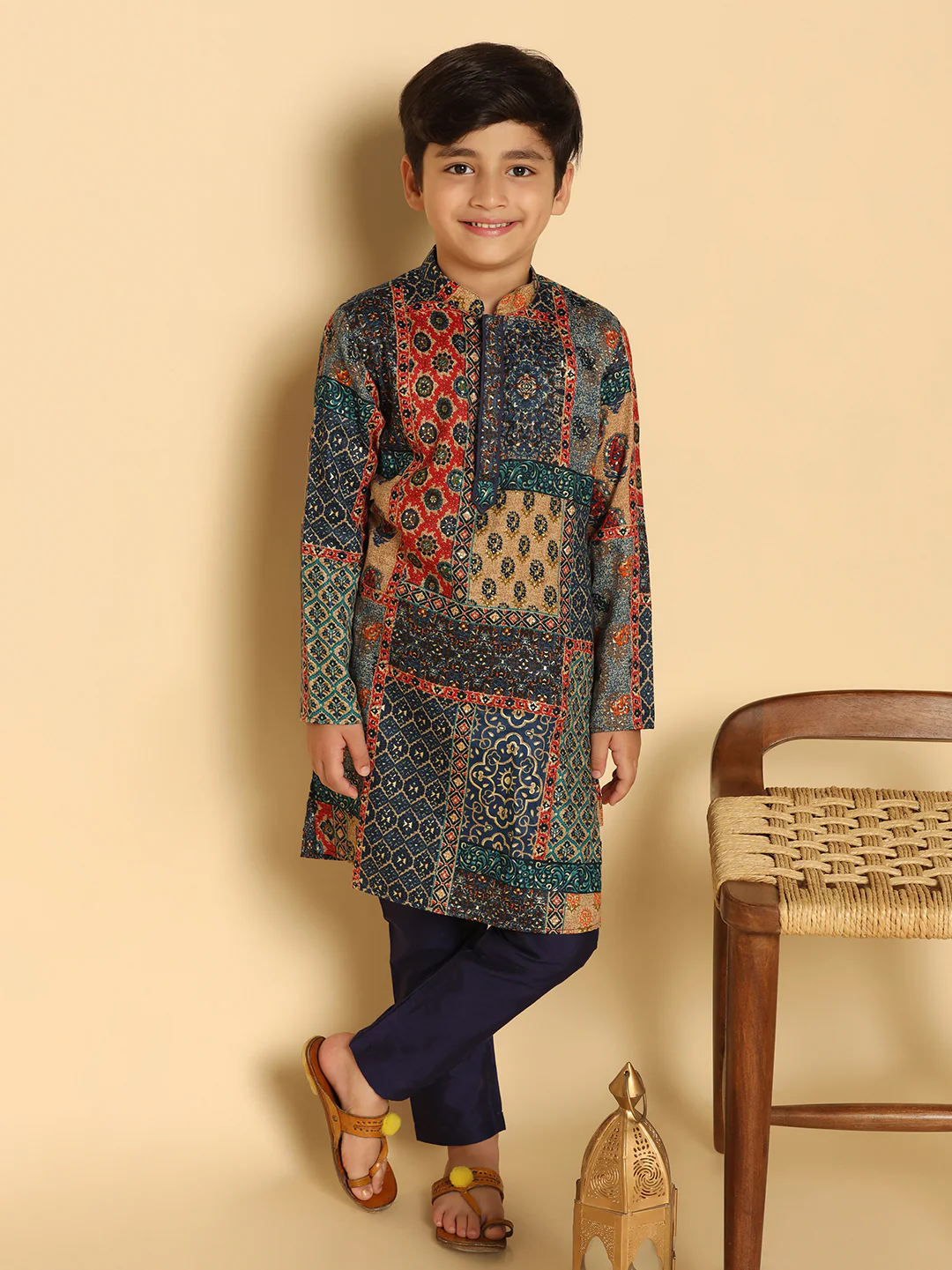 Boy's Navy Blue Printed Kurta - Image 6