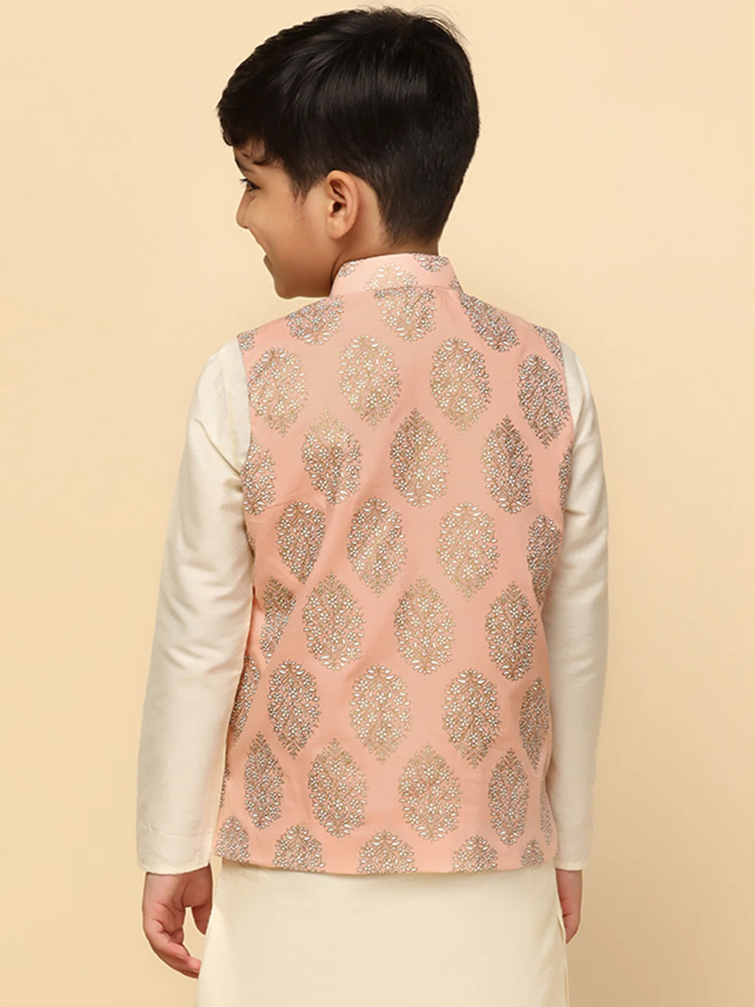 Boy's Peach Printed Nehru Jacket - Image 3