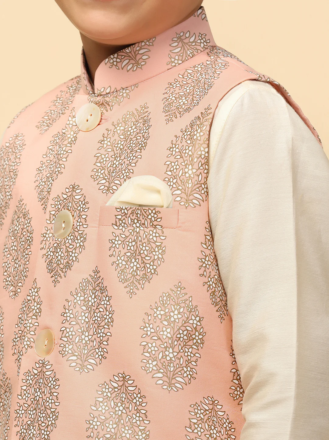 Boy's Peach Printed Nehru Jacket - Image 4