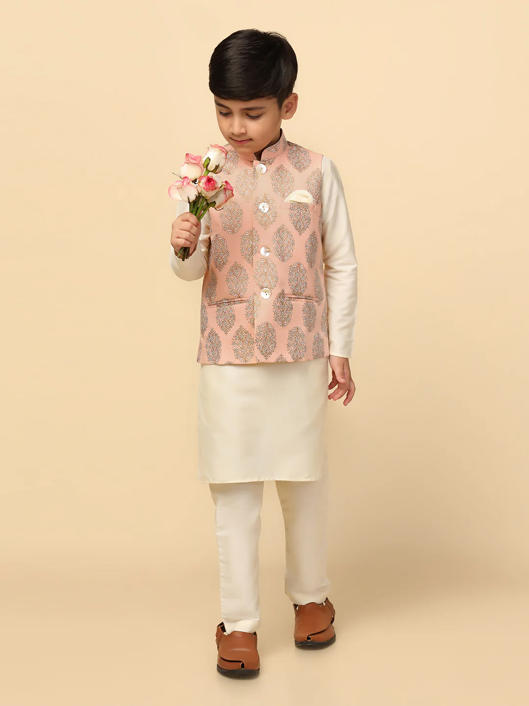 Boy's Peach Printed Nehru Jacket - Image 5