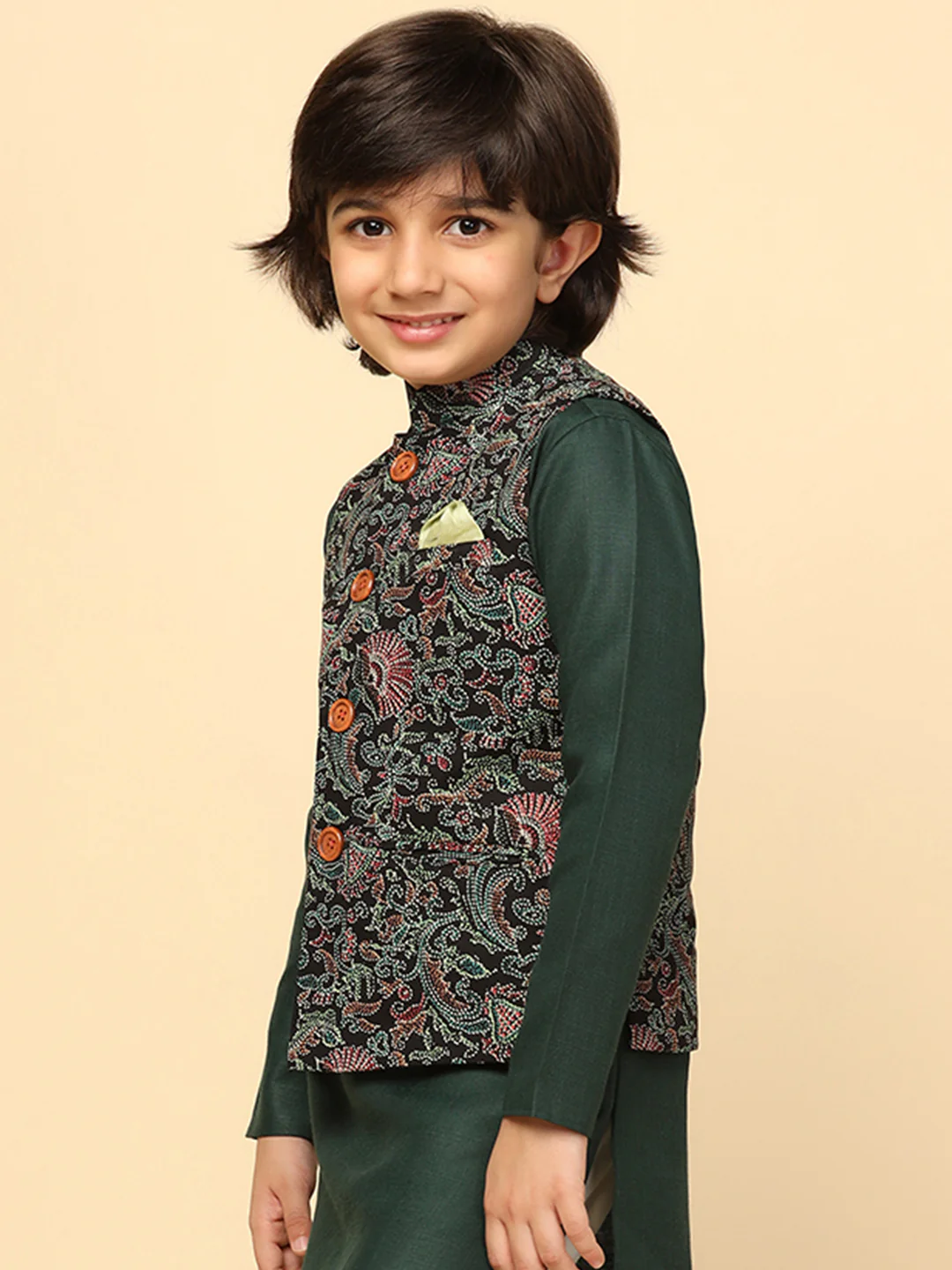 Boy's Black Printed Nehru Jacket - Image 3