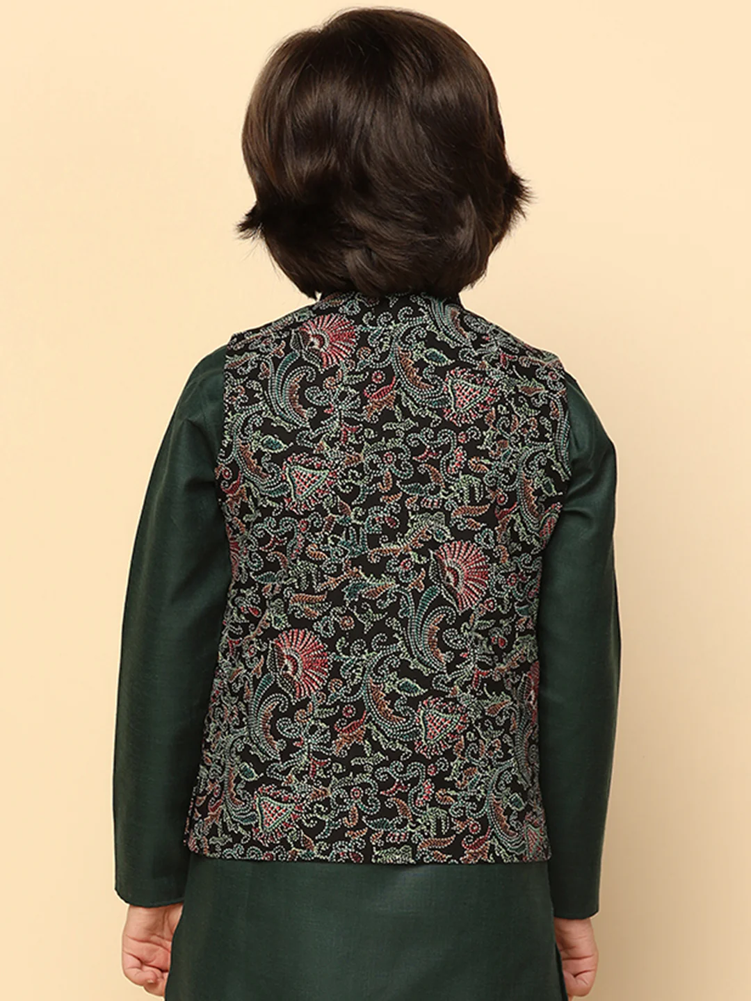 Boy's Black Printed Nehru Jacket - Image 4