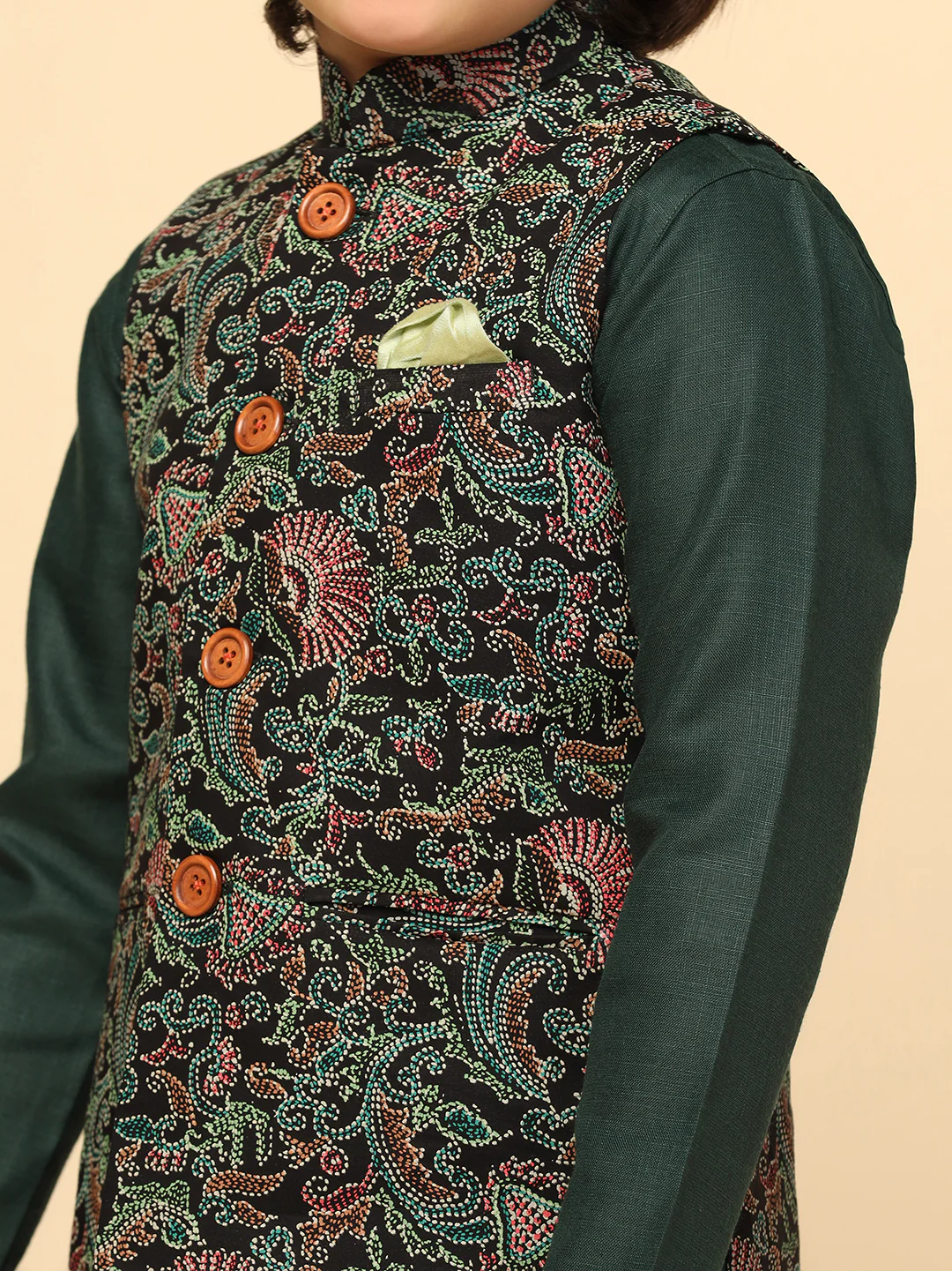 Boy's Black Printed Nehru Jacket - Image 5
