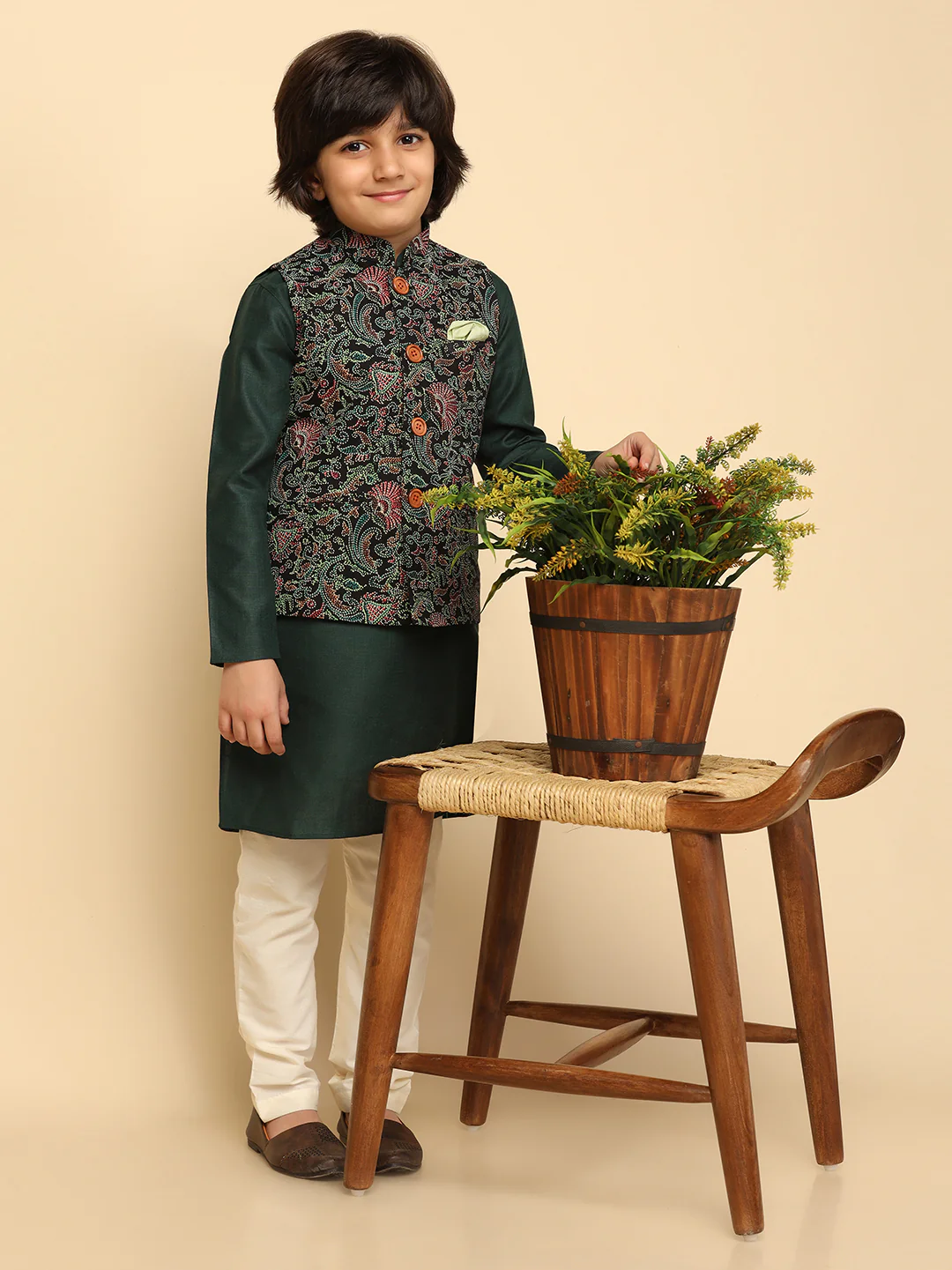 Boy's Black Printed Nehru Jacket - Image 6