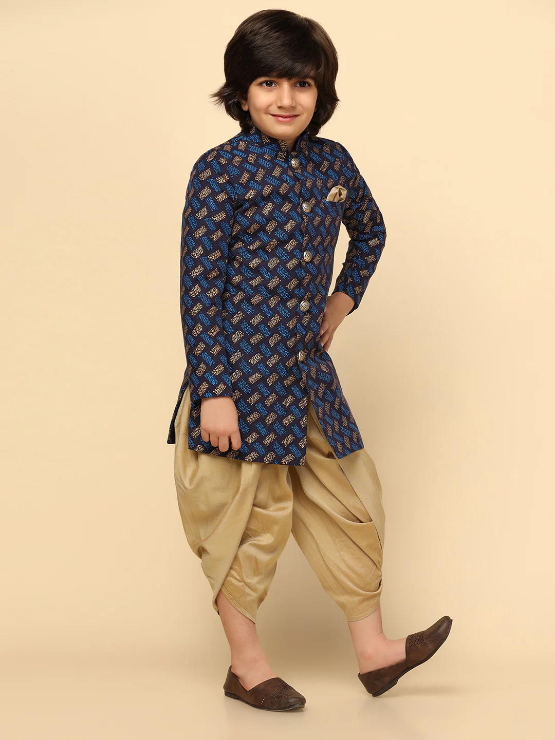 Boy's Blue Indowestern Set With Dhoti - Image 2