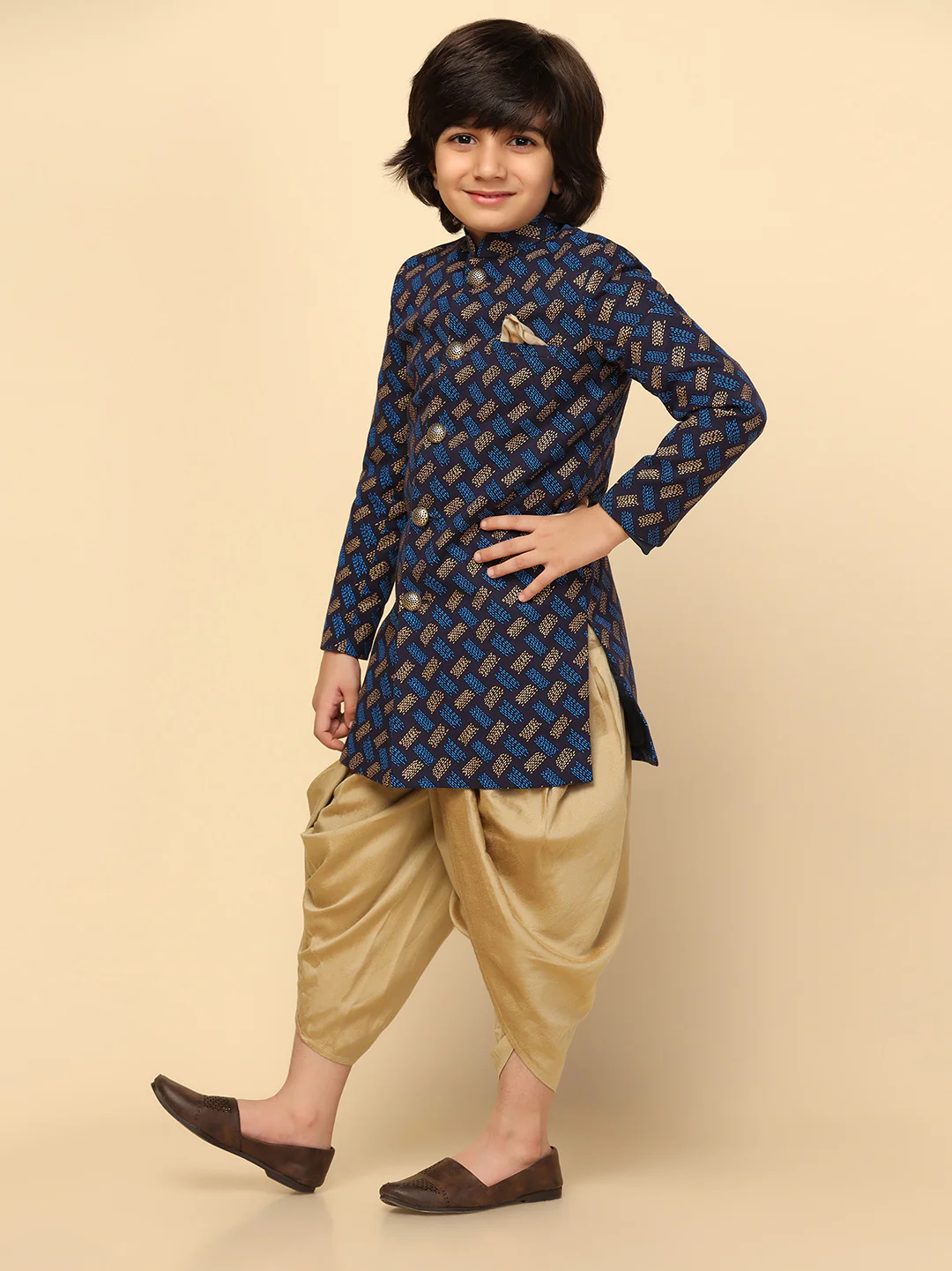 Boy's Blue Indowestern Set With Dhoti - Image 3
