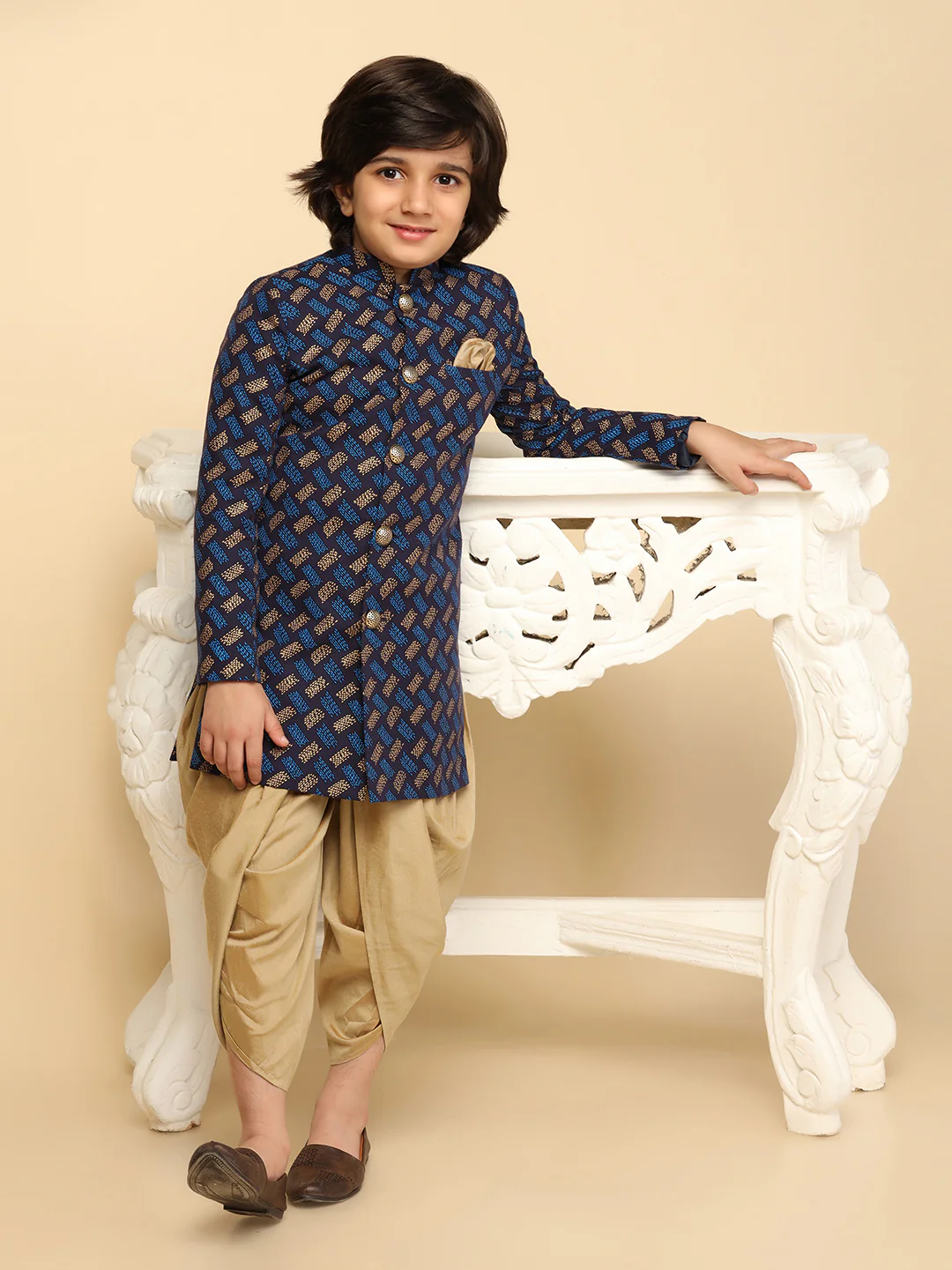 Boy's Blue Indowestern Set With Dhoti - Image 7