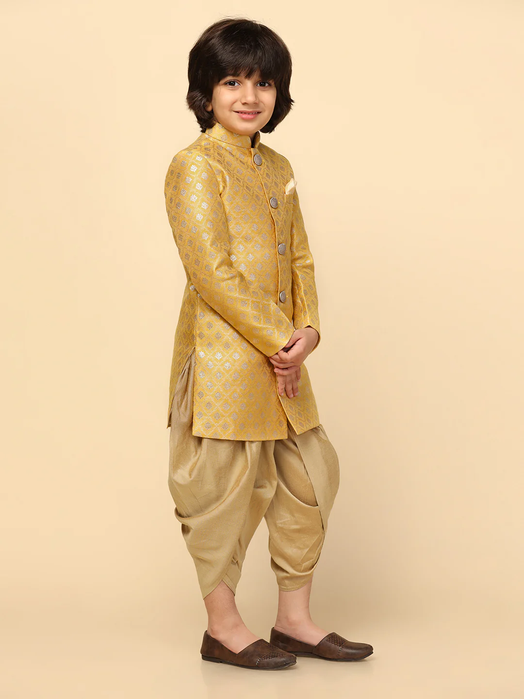 Boy's Yellow Textured Indowestern Dhoti Set - Image 2