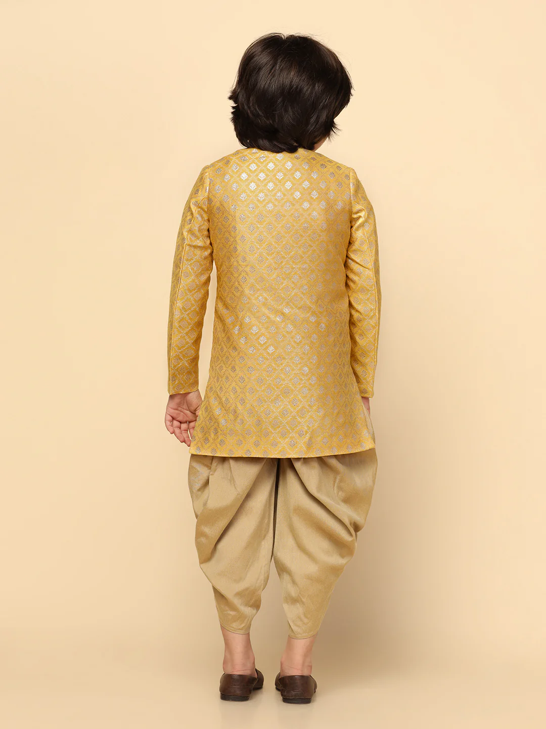 Boy's Yellow Textured Indowestern Dhoti Set - Image 4