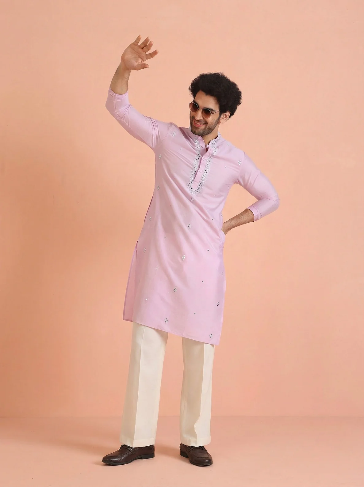 Lavender Cotton Blend Embroidered Kurta Wide Leg Trouser Set - Image 2
