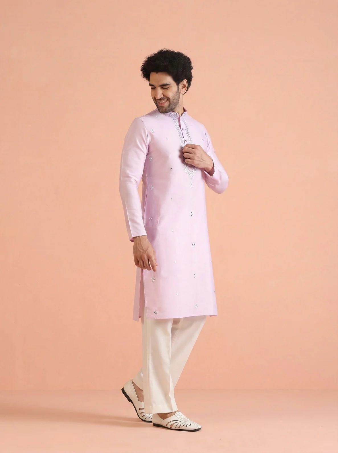 Lavender Cotton Blend Embroidered Kurta Wide Leg Trouser Set - Image 6